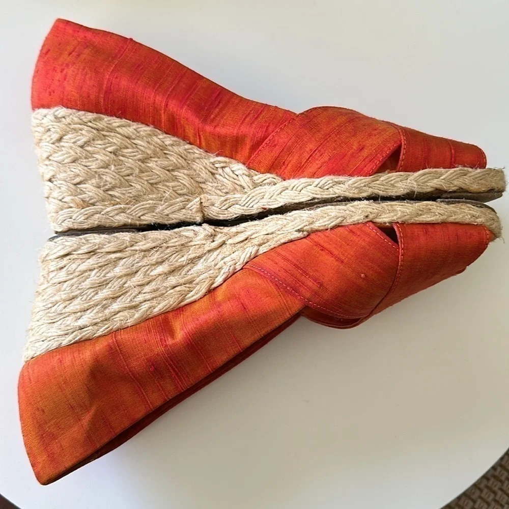 Lauren Ralph Lauren Silk Open Toe Espadrille Iridescent Orange & Gold Size 8.5